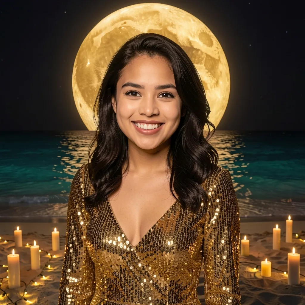 Invitada con vestido de lentejuelas doradas bajo la luna llena