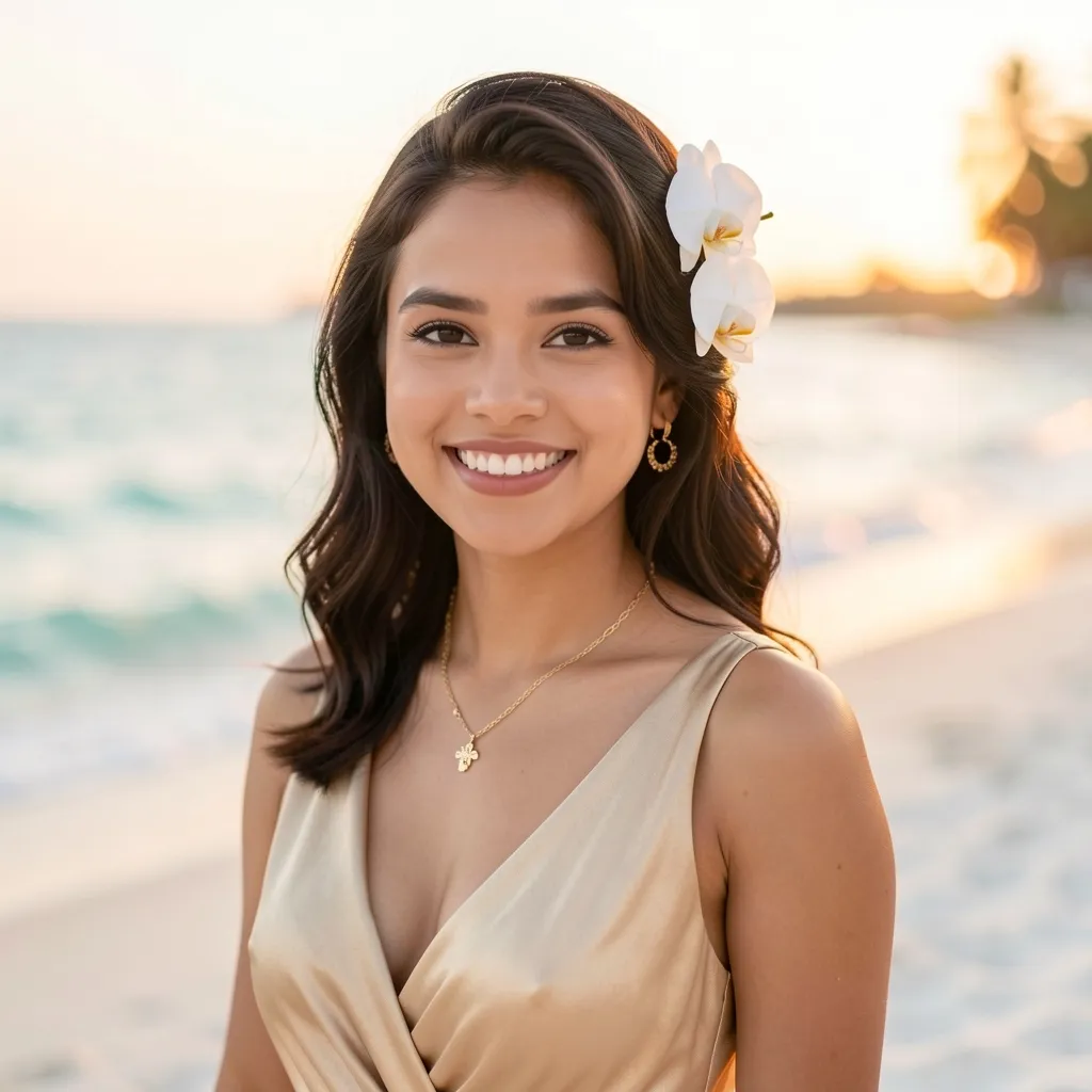 Invitada con vestido champán y orquídea al atardecer en la playa